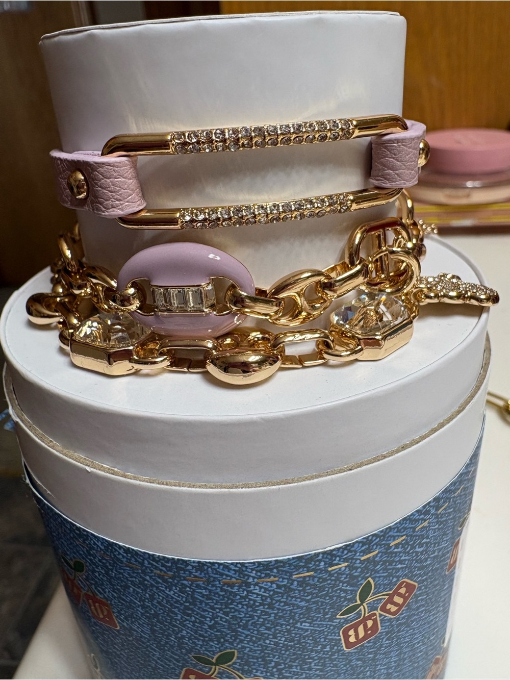 Gold and Light Pink Crystal Link Bracelet Set